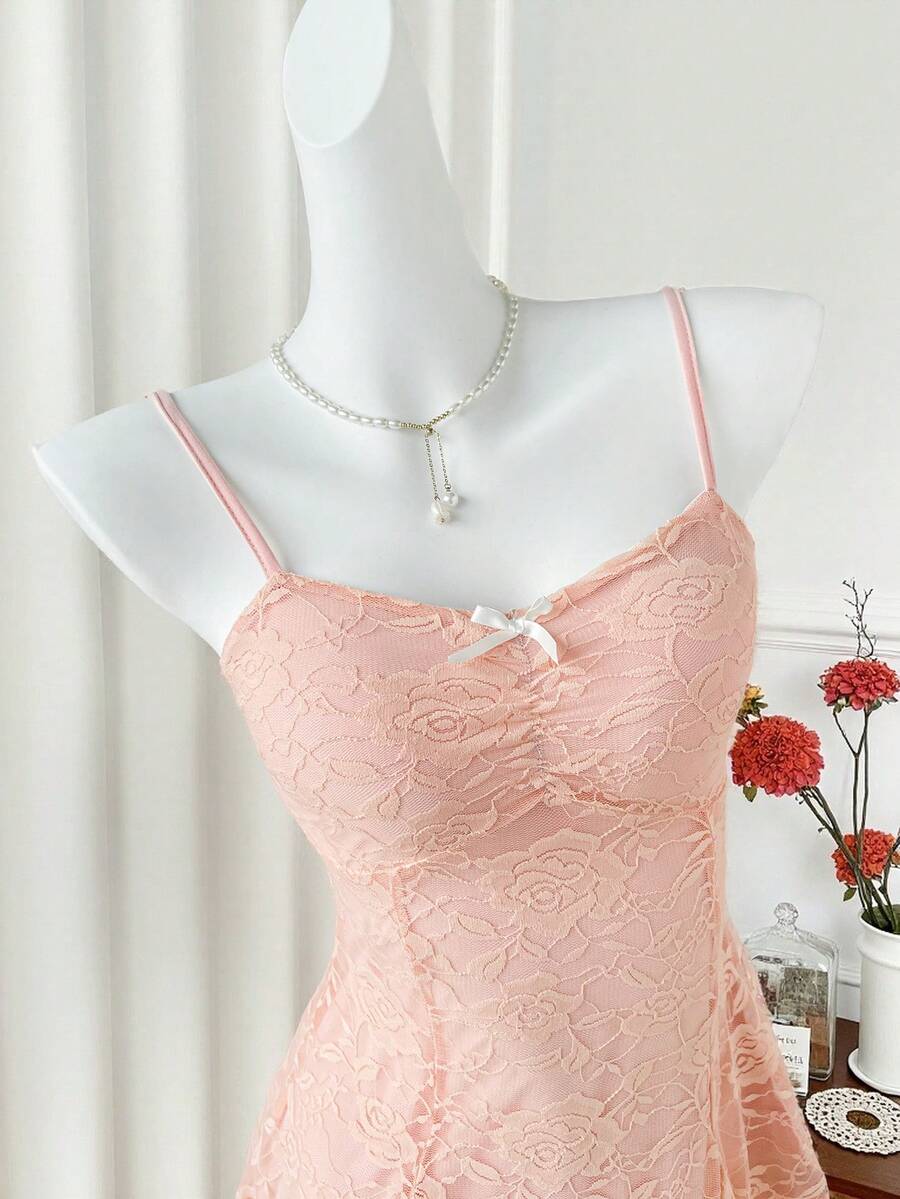 Women's Summer French Style Pink Lace Mini Dress Elegant Suspender Outfit Romantic Cute Fashion Casual Holiday Clothing For Ladies