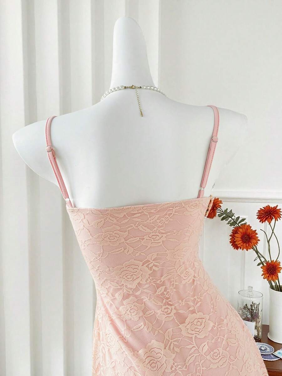Women's Summer French Style Pink Lace Mini Dress Elegant Suspender Outfit Romantic Cute Fashion Casual Holiday Clothing For Ladies