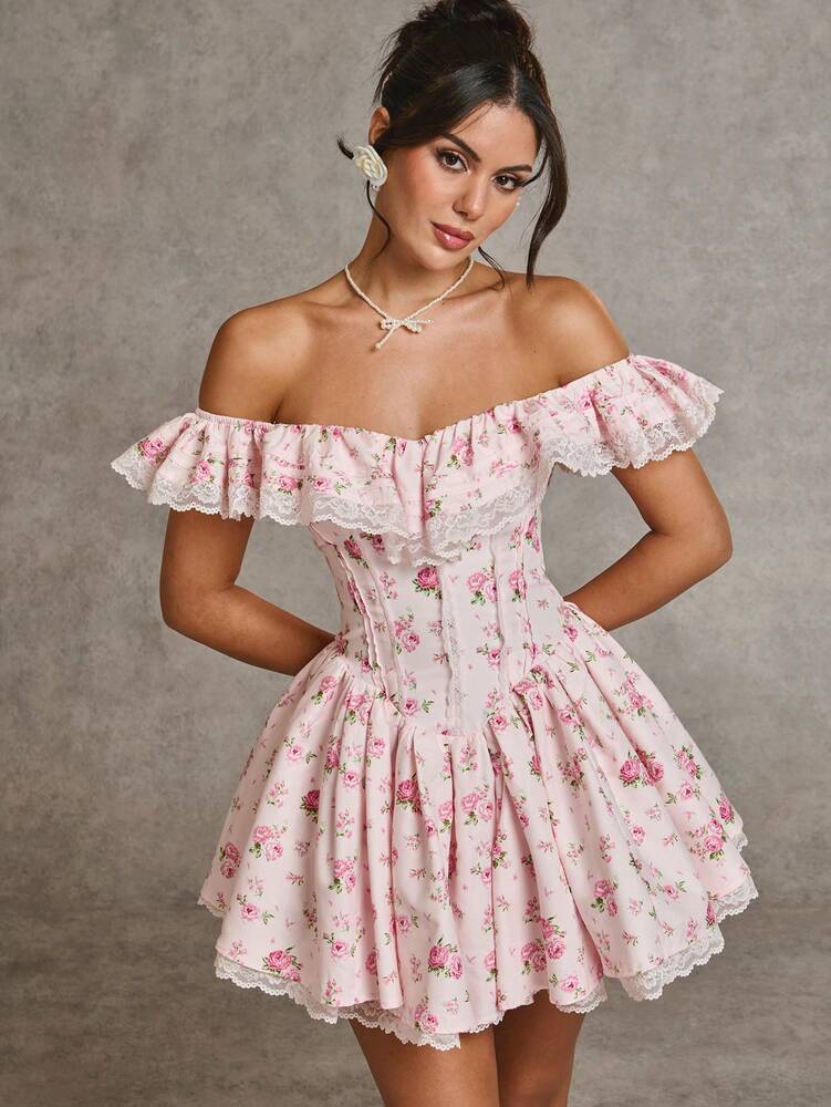 Women's Pink Floral Lace Patchwork Dress Off Shoulder Ruffle Hem Princess Style Romantic Party Cocktail Bridesmaid Holiday Winter Wear