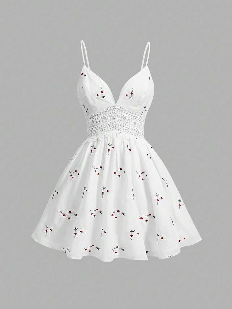 Women's Floral Embroidery Cami Dress With Lace Patchwork Elegant Summer Outfit Romantic Vacation Holiday Party Evening Wear For Ladies