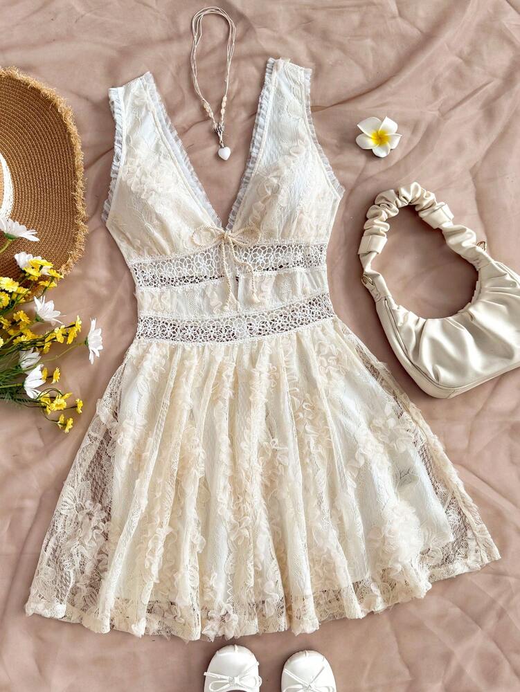 Women's Romantic Floral Lace Patchwork Mini Dress V Neck Bowknot Front Ruffle Hem Elegant Summer Outfit For Party Vacation Graduation