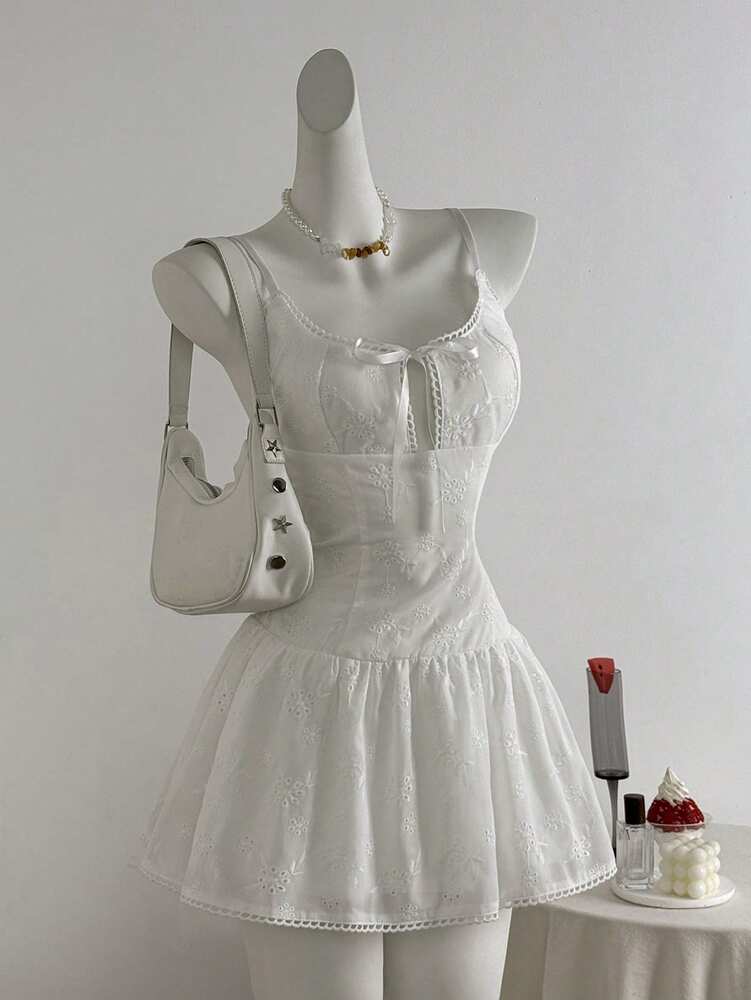 Women's French Style Ballerina Cami Dress With Bowknot Tie Floral Embroidery Waist Defining Romantic Summer Outfit Holiday Party Wear
