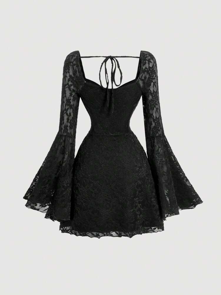 Women's Black Lace Jacquard Short Knit Dress With Flare Sleeves Elegant Party Outfit For New Year Christmas Fall Winter Evening Wear