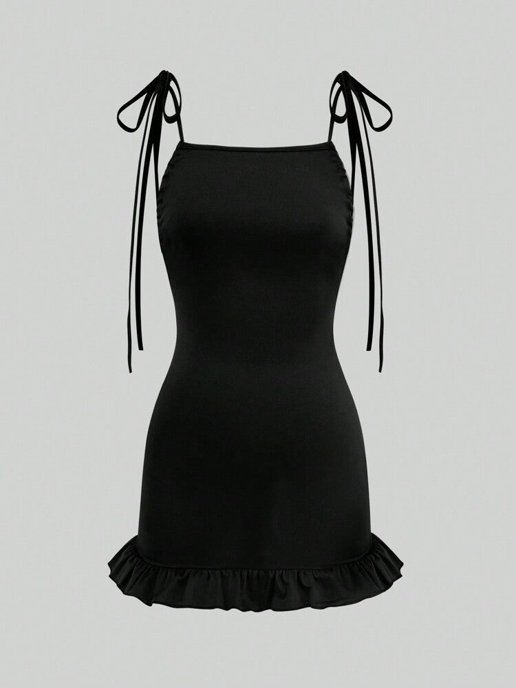 Women's Summer Solid Color Hollow Back Mermaid Style Short Cami Dress Elegant Casual Outfit Vacation Party Beachwear For Ladies