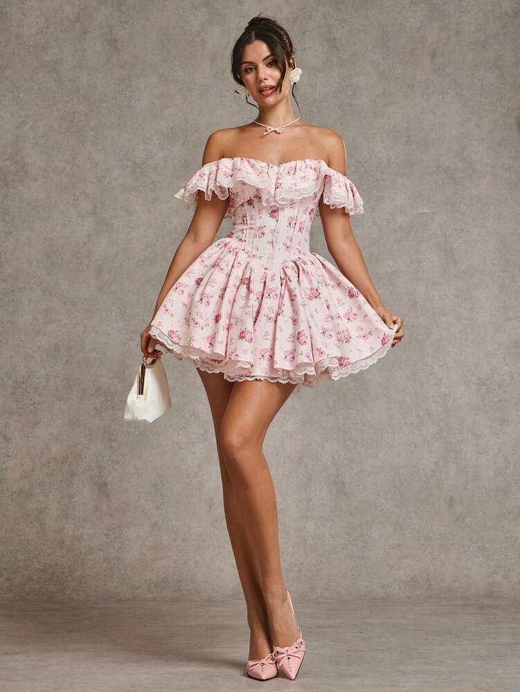 Women's Pink Floral Lace Patchwork Dress Off Shoulder Ruffle Hem Princess Style Romantic Party Cocktail Bridesmaid Holiday Winter Wear