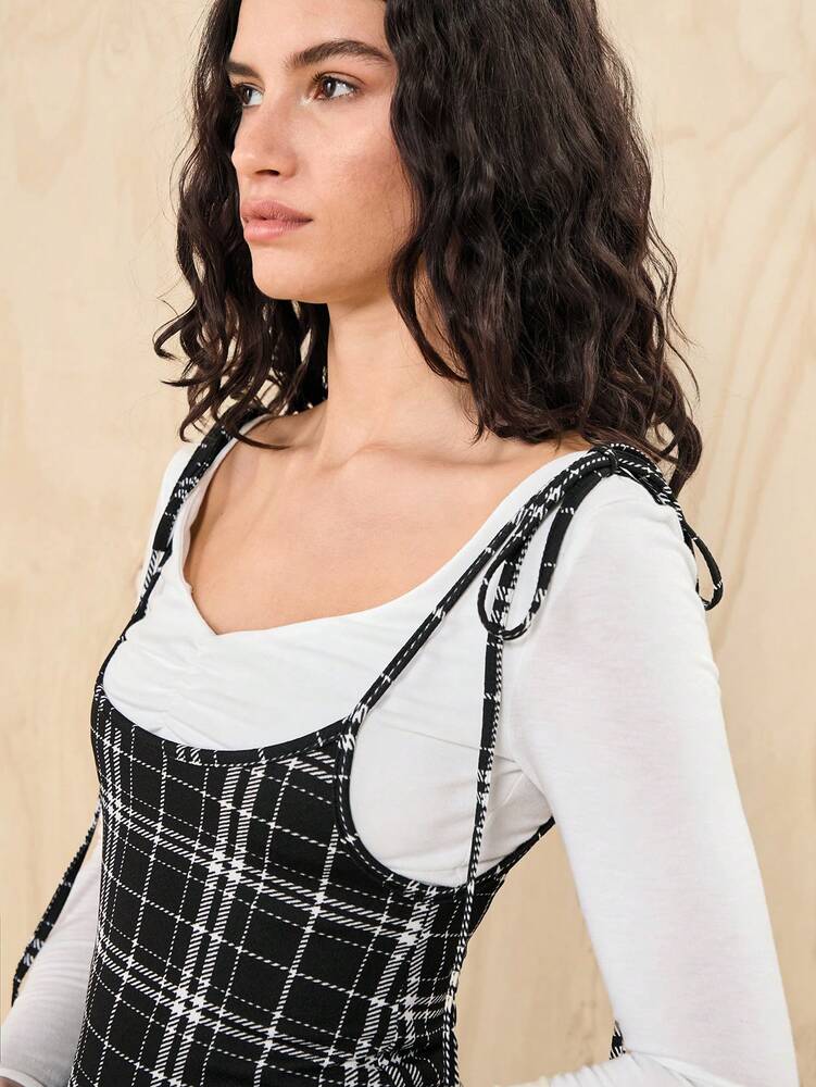 Women's Knot Shoulder Plaid Pinafore Dress With Split Hem Casual Summer Outfit Cute Elegant Fashion Mini Dress For Daily Wear Travel