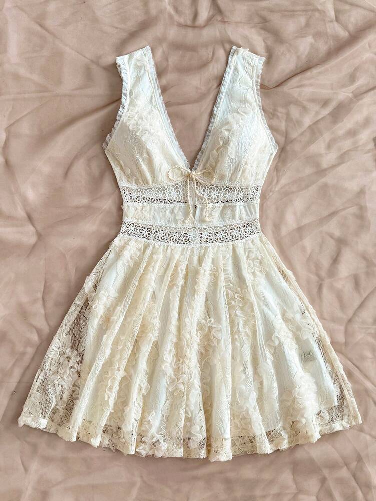 Women's Romantic Floral Lace Patchwork Mini Dress V Neck Bowknot Front Ruffle Hem Elegant Summer Outfit For Party Vacation Graduation
