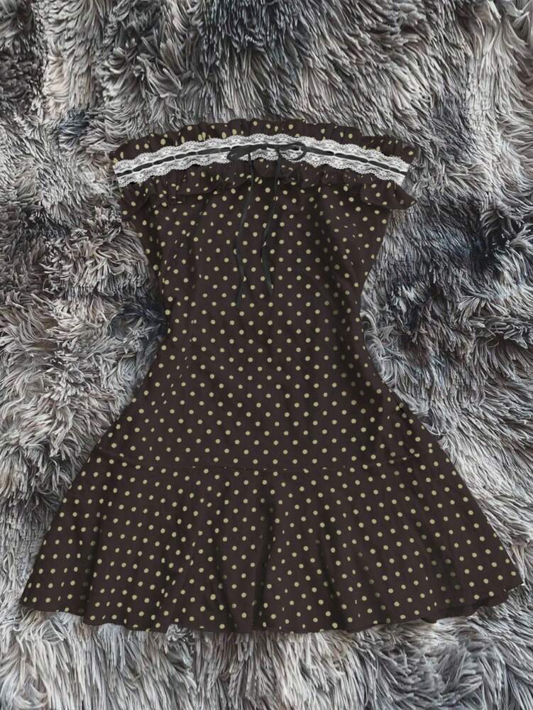 Women's Strapless Polka Dot Mini Dress With Ruffle Trim And Lace Contrast Elegant Sexy Summer Outfit For Party Date Night Holiday