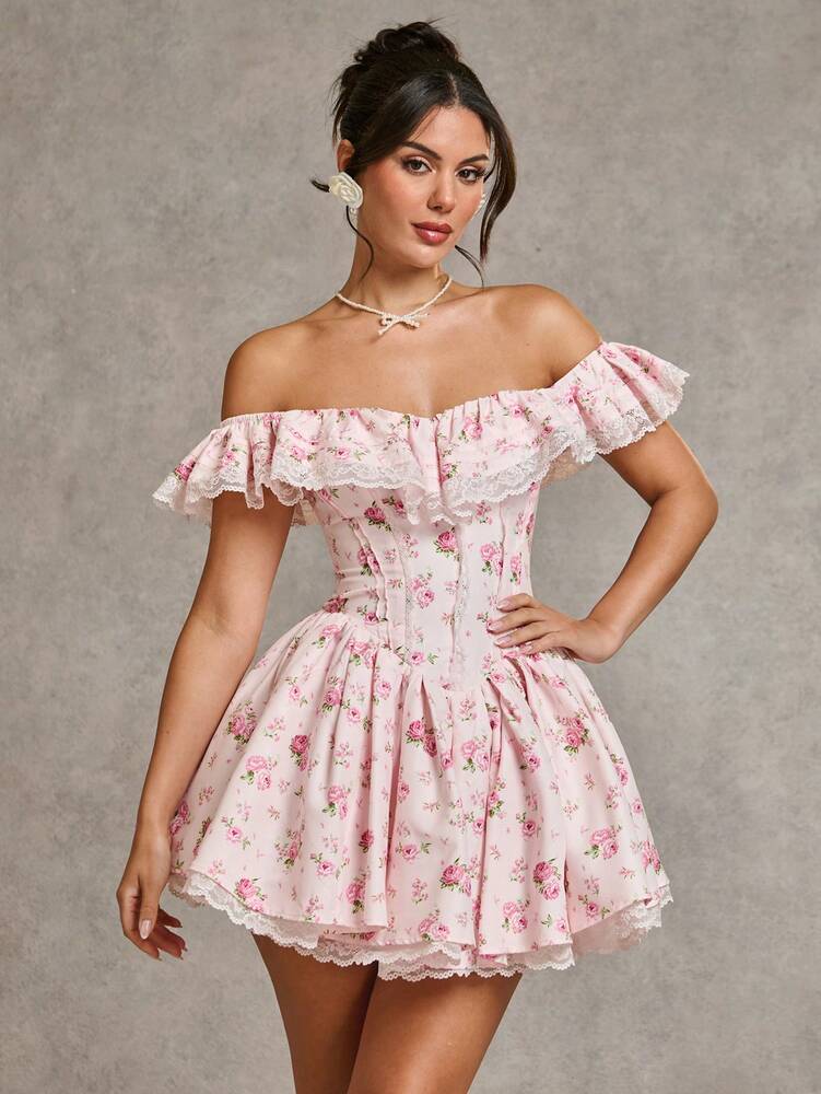 Women's Pink Floral Lace Patchwork Dress Off Shoulder Ruffle Hem Princess Style Romantic Party Cocktail Bridesmaid Holiday Winter Wear