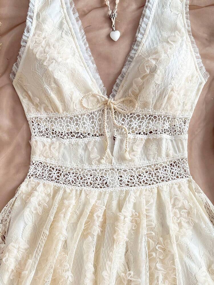 Women's Romantic Floral Lace Patchwork Mini Dress V Neck Bowknot Front Ruffle Hem Elegant Summer Outfit For Party Vacation Graduation