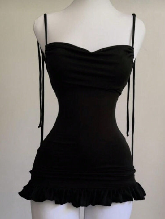 Women's Summer Solid Color Hollow Back Mermaid Style Short Cami Dress Elegant Casual Outfit Vacation Party Beachwear For Ladies