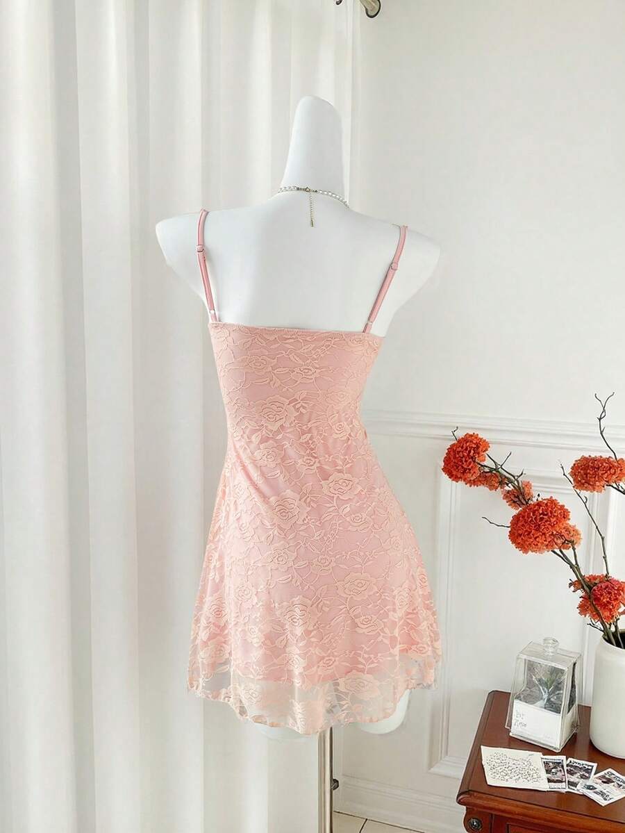 Women's Summer French Style Pink Lace Mini Dress Elegant Suspender Outfit Romantic Cute Fashion Casual Holiday Clothing For Ladies