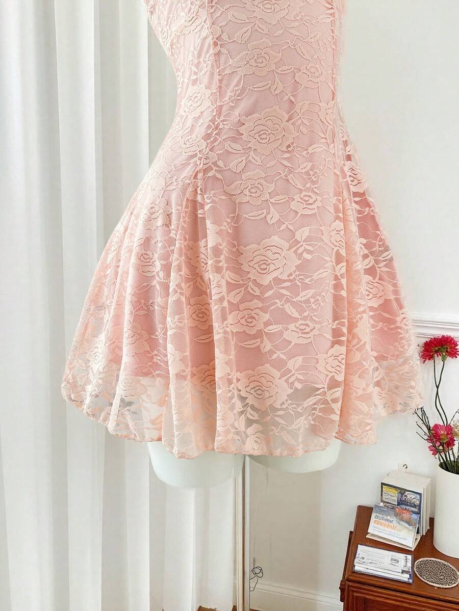 Women's Summer French Style Pink Lace Mini Dress Elegant Suspender Outfit Romantic Cute Fashion Casual Holiday Clothing For Ladies