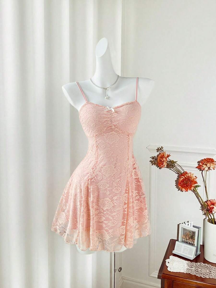 Women's Summer French Style Pink Lace Mini Dress Elegant Suspender Outfit Romantic Cute Fashion Casual Holiday Clothing For Ladies