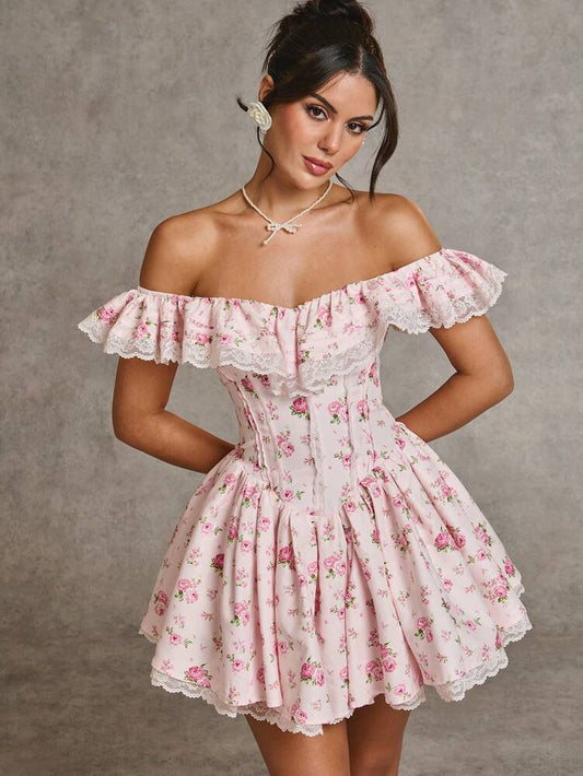 Women's Pink Floral Lace Patchwork Dress Off Shoulder Ruffle Hem Princess Style Romantic Party Cocktail Bridesmaid Holiday Winter Wear