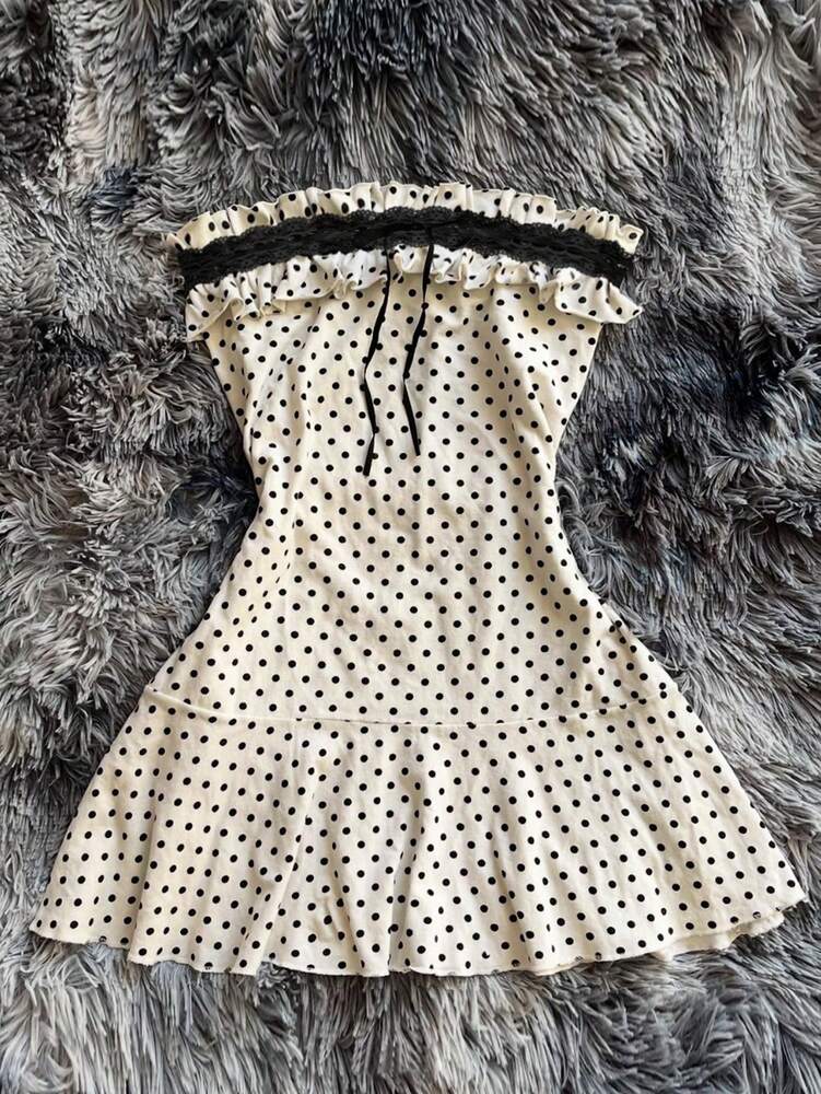 Women's Strapless Polka Dot Mini Dress With Ruffle Trim And Lace Contrast Elegant Sexy Summer Outfit For Party Date Night Holiday