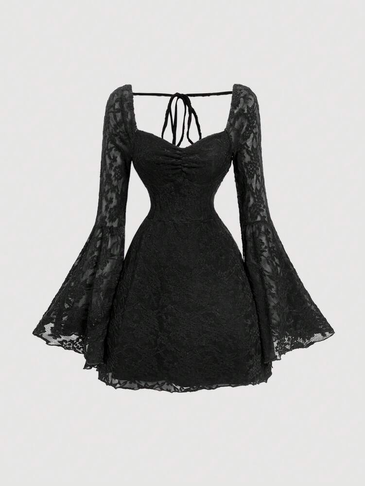Women's Black Lace Jacquard Short Knit Dress With Flare Sleeves Elegant Party Outfit For New Year Christmas Fall Winter Evening Wear