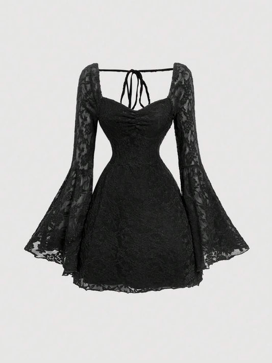 Women's Black Lace Jacquard Short Knit Dress With Flare Sleeves Elegant Party Outfit For New Year Christmas Fall Winter Evening Wear