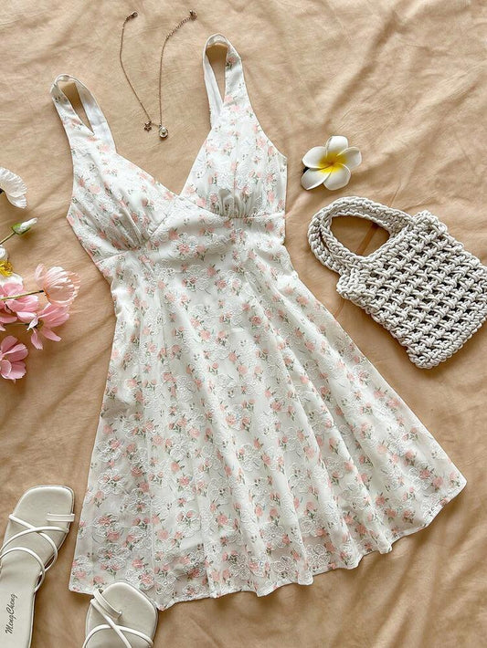 Women's Pink Chiffon Floral Print Mini Dress Spaghetti Strap Open Back Bowknot Waist A Line Style Romantic Boho Summer Vacation Outfit