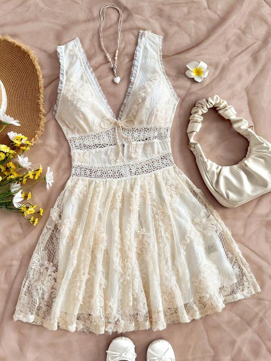 Women's Romantic Floral Lace Patchwork Mini Dress V Neck Bowknot Front Ruffle Hem Elegant Summer Outfit For Party Vacation Graduation