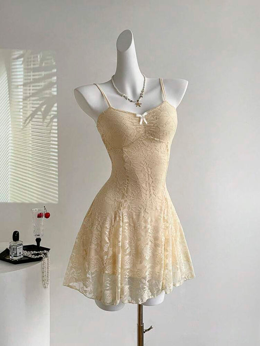 Women's Summer French Style Pink Lace Mini Dress Elegant Suspender Outfit Romantic Cute Fashion Casual Holiday Clothing For Ladies