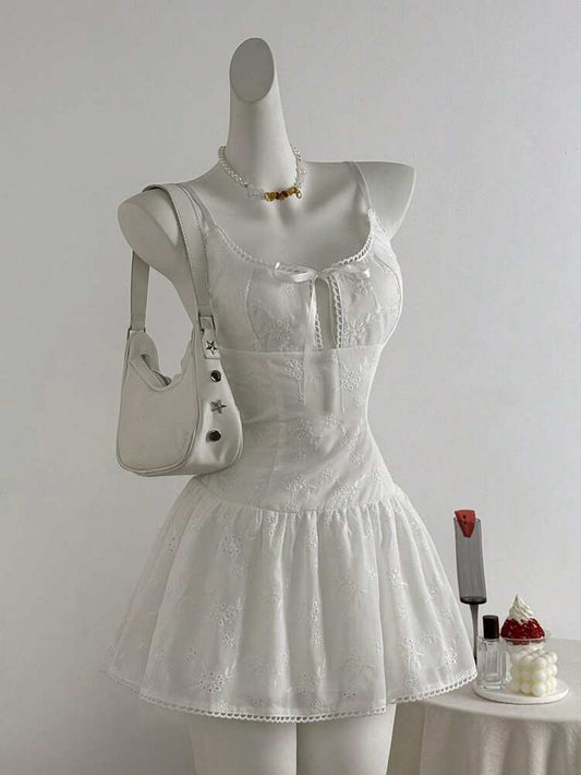 Women's French Style Ballerina Cami Dress With Bowknot Tie Floral Embroidery Waist Defining Romantic Summer Outfit Holiday Party Wear