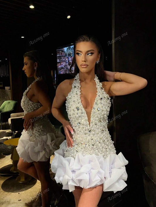 Women's Deep V Neck Diamond Studded Mini Dress Sexy Mature Elegant Style Graduation Party Evening Cocktail Outfit Fashion Clothing