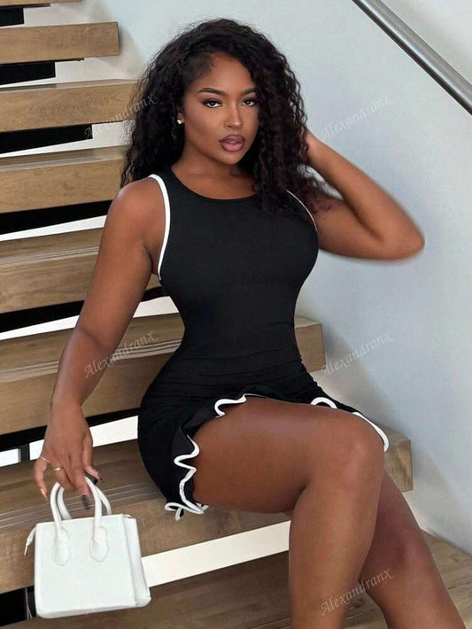 Women's Sleeveless Round Neck Mini Dress With Ruffle Hem Elegant Business Casual Fashion Outfit Suitable For Office Summer Wear
