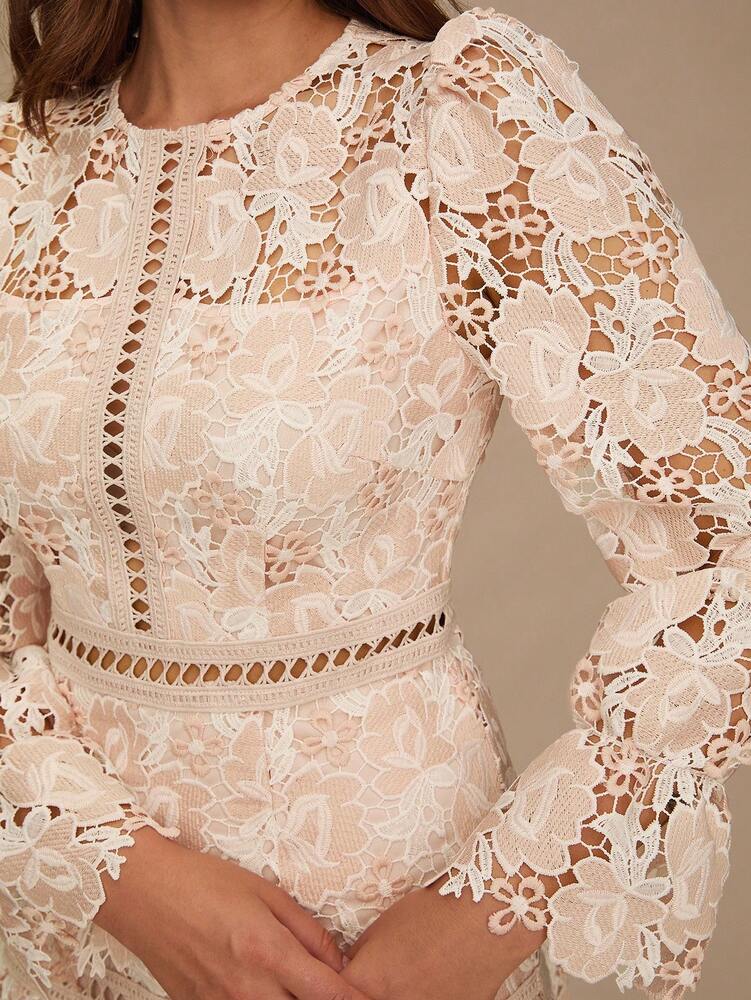 Women's Apricot Lace Short Dress With Hollow Out Embroidery Lantern Sleeve Romantic Elegant Fall Winter Outfit Holiday Party Evening