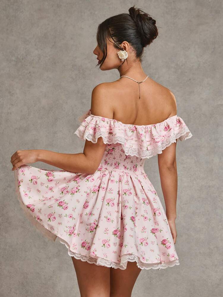 Women's Pink Floral Lace Patchwork Dress Off Shoulder Ruffle Hem Princess Style Romantic Party Cocktail Bridesmaid Holiday Winter Wear