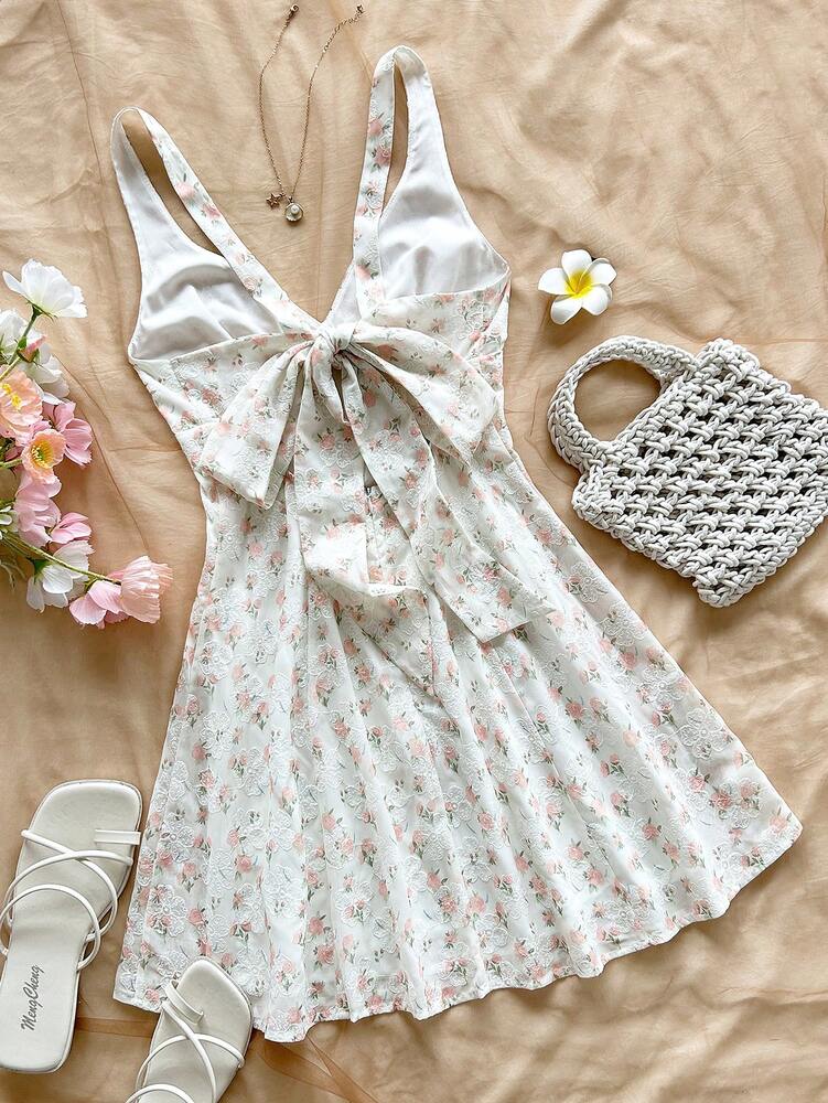 Women's Pink Chiffon Floral Print Mini Dress Spaghetti Strap Open Back Bowknot Waist A Line Style Romantic Boho Summer Vacation Outfit