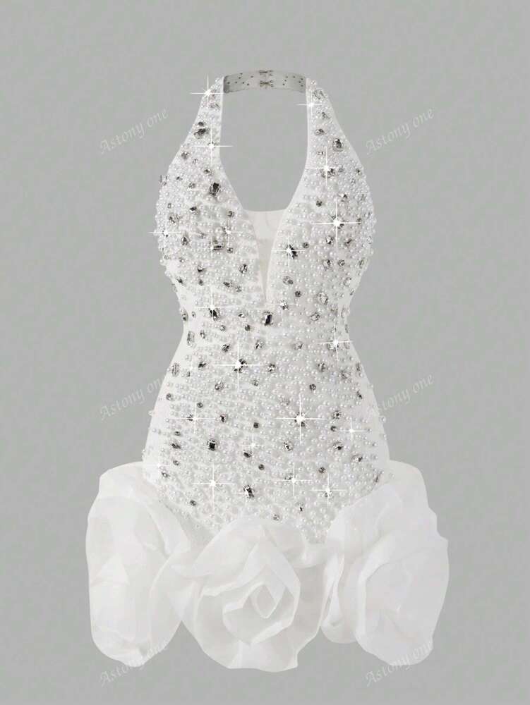 Women's Deep V Neck Diamond Studded Mini Dress Sexy Mature Elegant Style Graduation Party Evening Cocktail Outfit Fashion Clothing