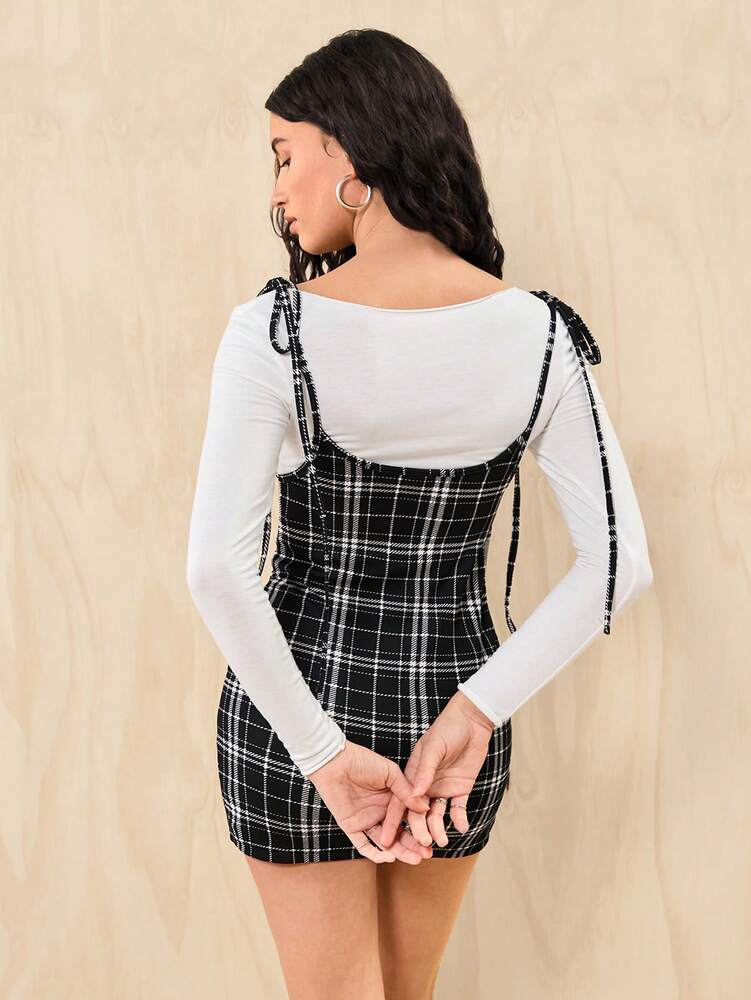 Women's Knot Shoulder Plaid Pinafore Dress With Split Hem Casual Summer Outfit Cute Elegant Fashion Mini Dress For Daily Wear Travel
