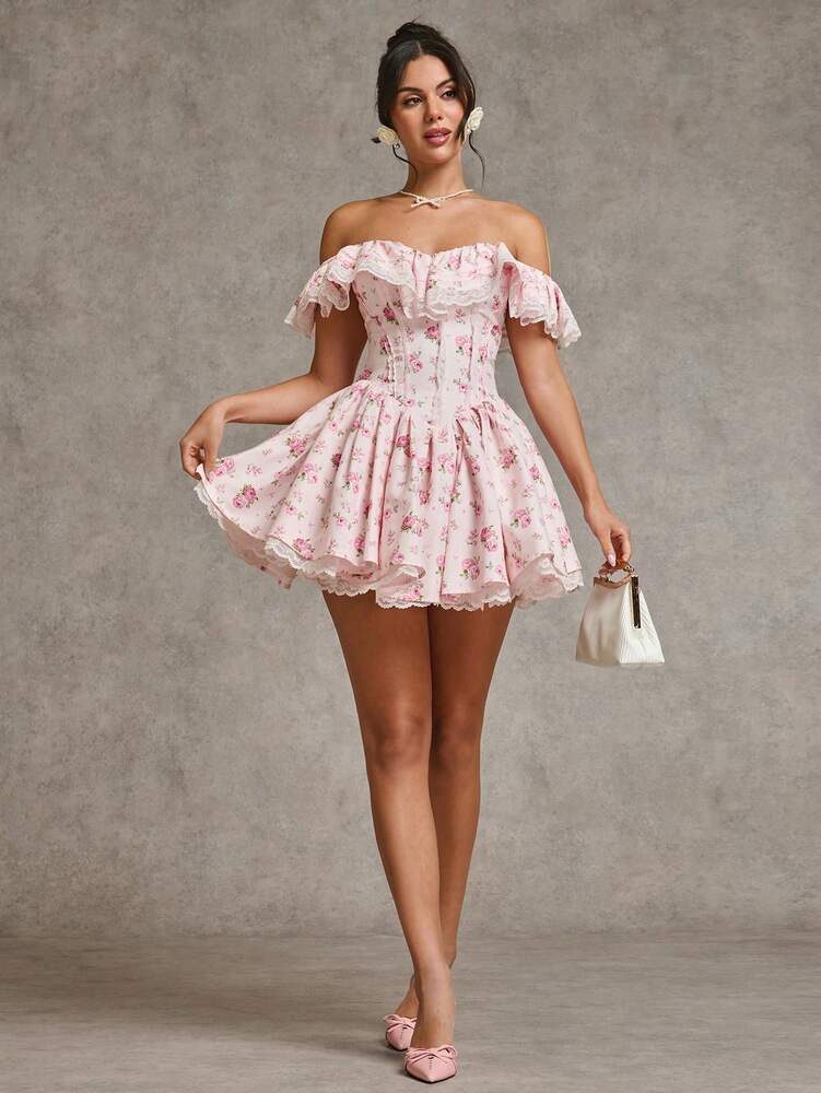 Women's Pink Floral Lace Patchwork Dress Off Shoulder Ruffle Hem Princess Style Romantic Party Cocktail Bridesmaid Holiday Winter Wear