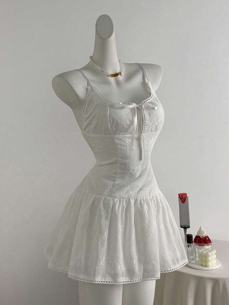 Women's French Style Ballerina Cami Dress With Bowknot Tie Floral Embroidery Waist Defining Romantic Summer Outfit Holiday Party Wear