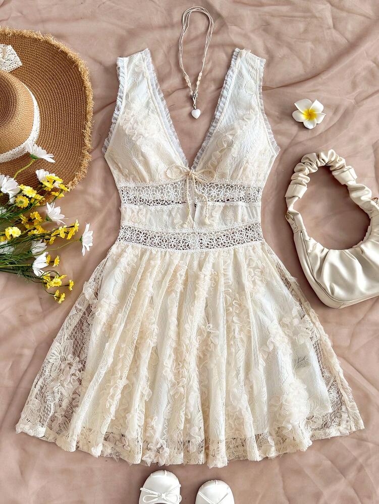 Women's Romantic Floral Lace Patchwork Mini Dress V Neck Bowknot Front Ruffle Hem Elegant Summer Outfit For Party Vacation Graduation