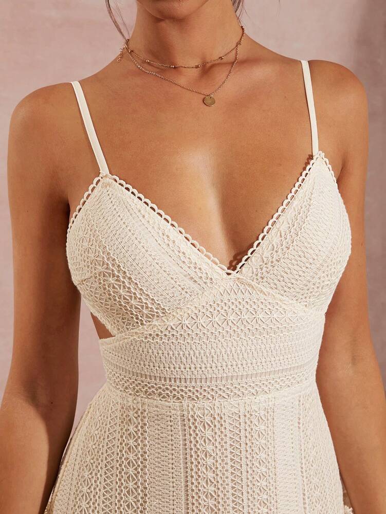 Women's Lace Cami Dress With Cut Out Backless Ruffle Hem Elegant Romantic Mini Style Vacation Summer Party Outfit For Ladies Casual