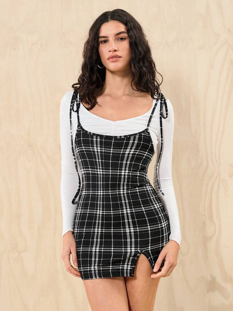 Women's Knot Shoulder Plaid Pinafore Dress With Split Hem Casual Summer Outfit Cute Elegant Fashion Mini Dress For Daily Wear Travel
