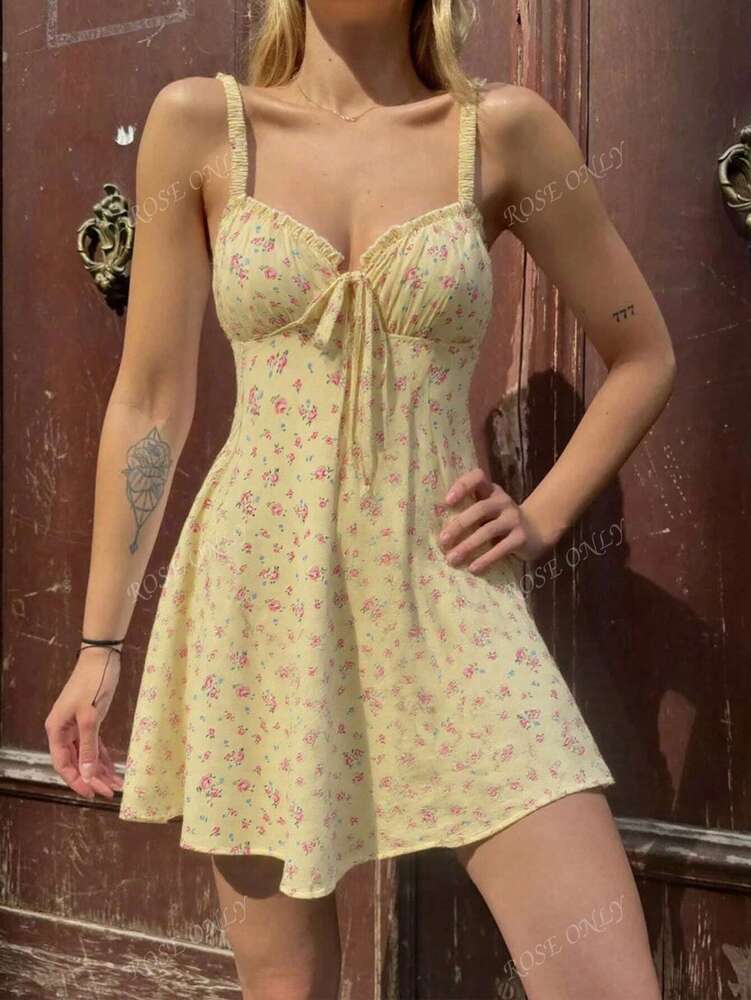 Women's Ditsy Floral Spaghetti Strap Backless Mini Dress Sexy Elastic Summer Outfit Vacation Beach Holiday Photoshoot Daily Casual Wear