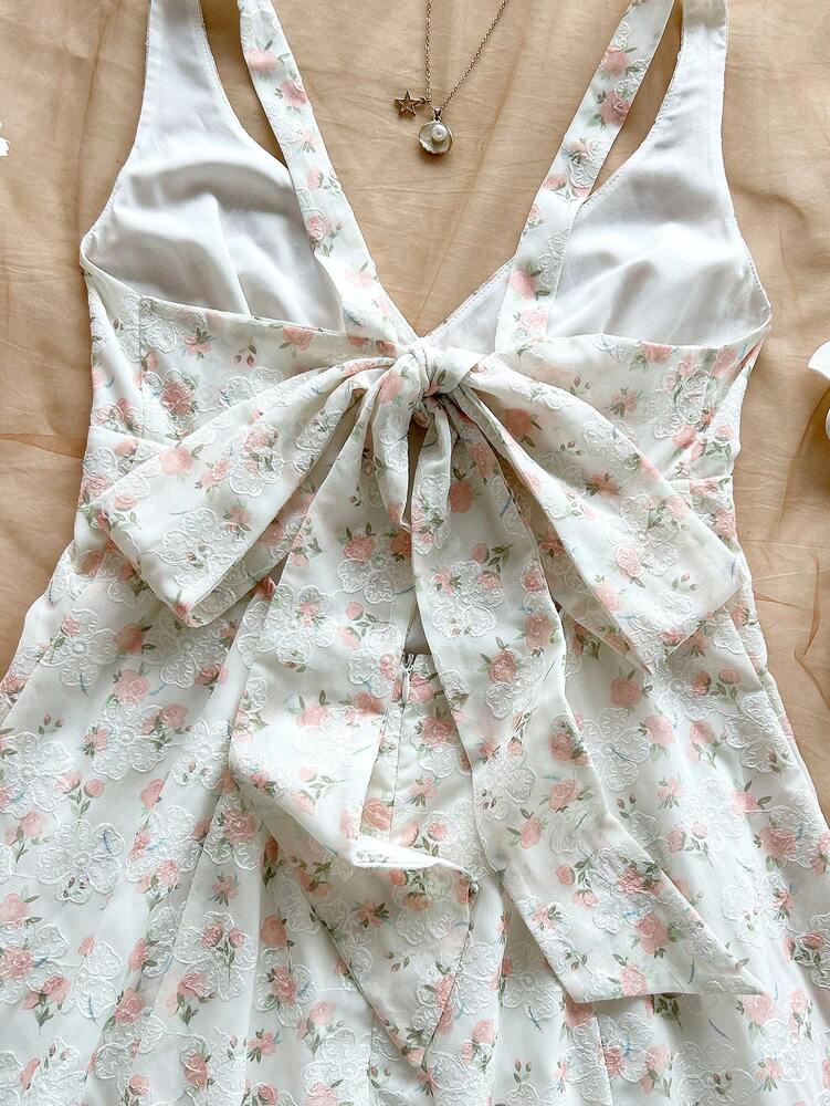 Women's Pink Chiffon Floral Print Mini Dress Spaghetti Strap Open Back Bowknot Waist A Line Style Romantic Boho Summer Vacation Outfit