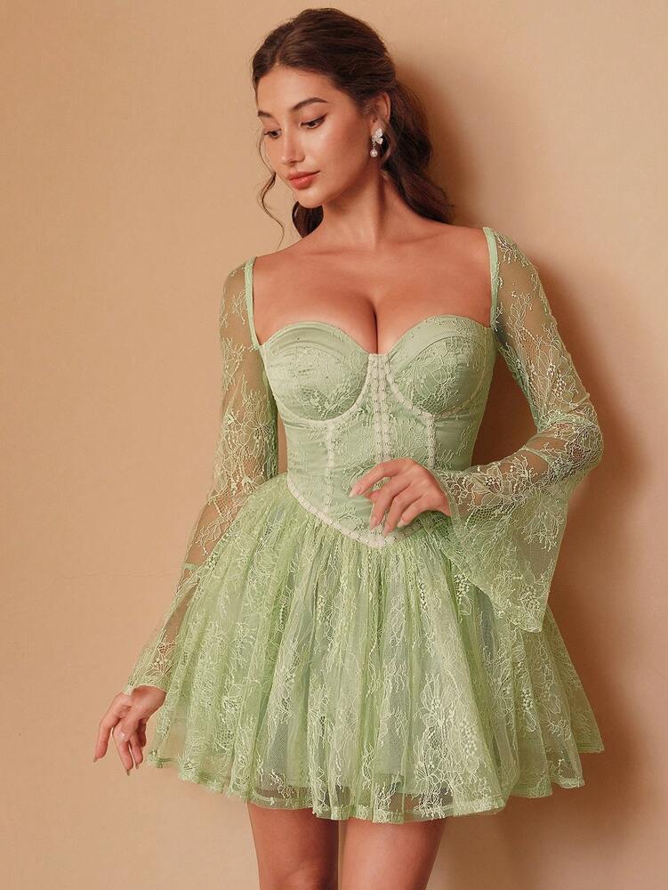 Women's French Herringbone Textured Lace Dress Elegant Romantic Outfit For Fall Winter Party Holiday Festival Casual Fashion Ladies