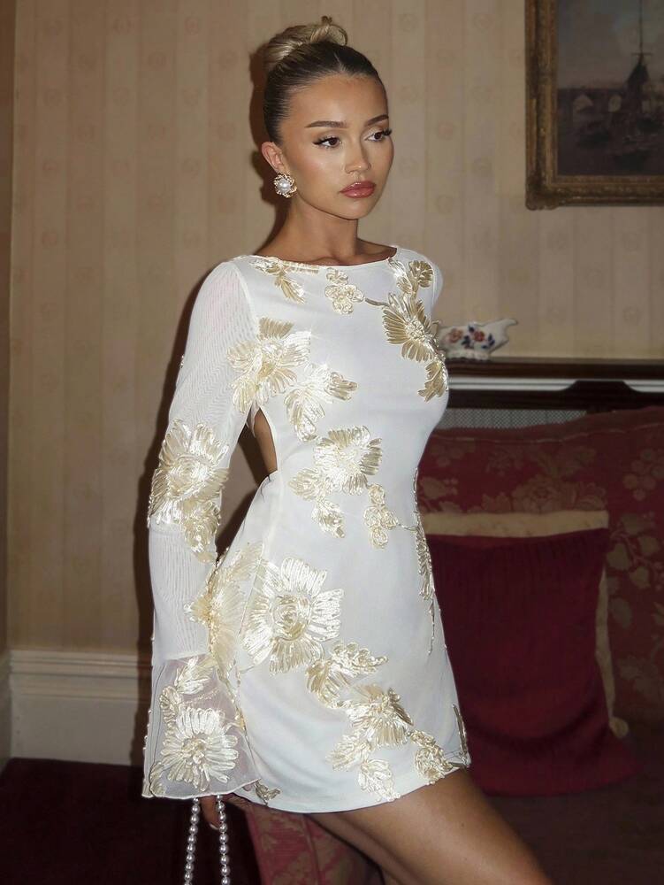Women's Mesh Print Dress With Flare Sleeves Cinched Waist Elegant Fall Winter Outfit Party Cocktail Evening Holiday Fashion Clothing