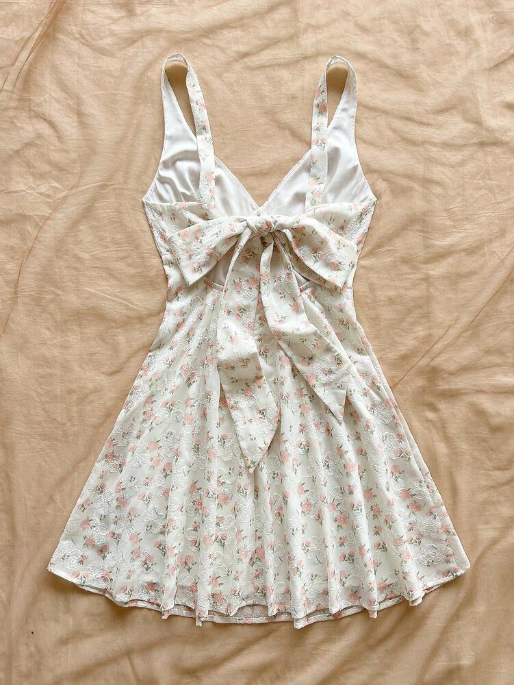Women's Pink Chiffon Floral Print Mini Dress Spaghetti Strap Open Back Bowknot Waist A Line Style Romantic Boho Summer Vacation Outfit