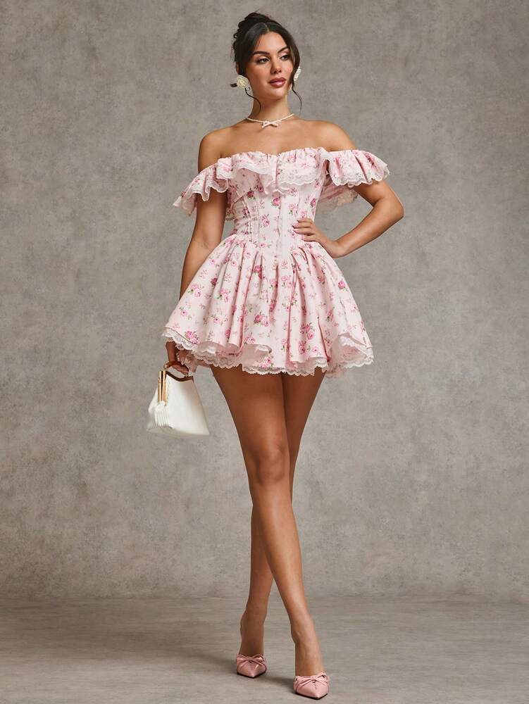 Women's Pink Floral Lace Patchwork Dress Off Shoulder Ruffle Hem Princess Style Romantic Party Cocktail Bridesmaid Holiday Winter Wear