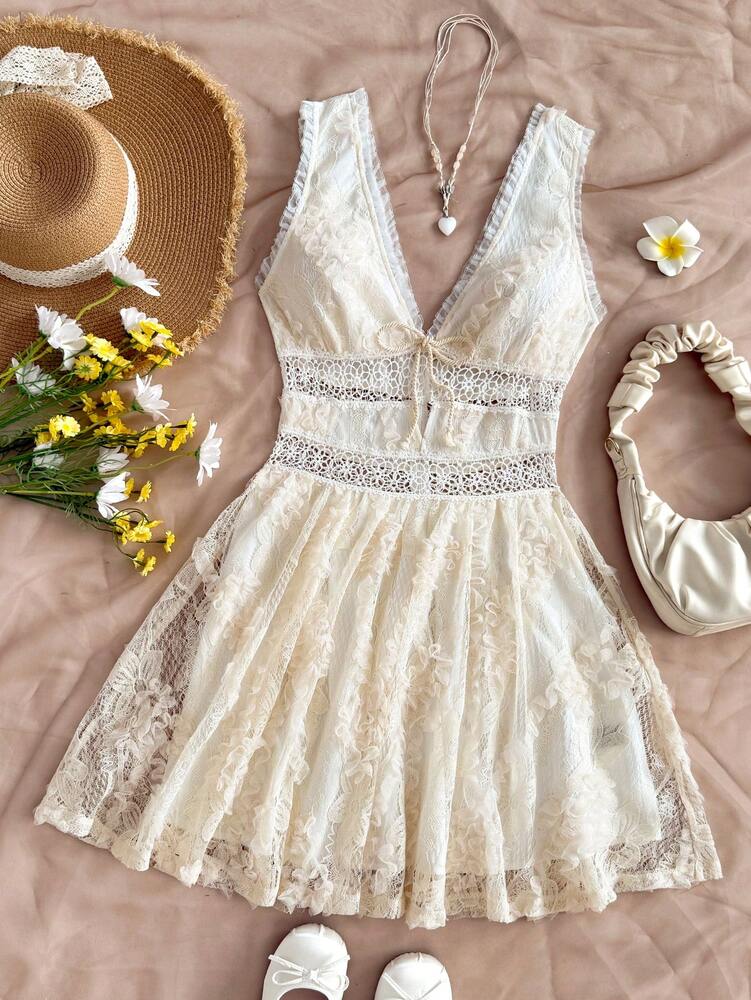 Women's Romantic Floral Lace Patchwork Mini Dress V Neck Bowknot Front Ruffle Hem Elegant Summer Outfit For Party Vacation Graduation
