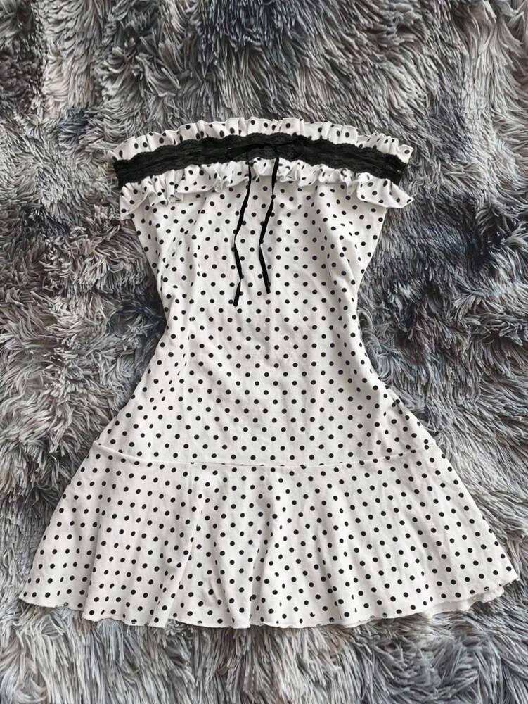 Women's Strapless Polka Dot Mini Dress With Ruffle Trim And Lace Contrast Elegant Sexy Summer Outfit For Party Date Night Holiday