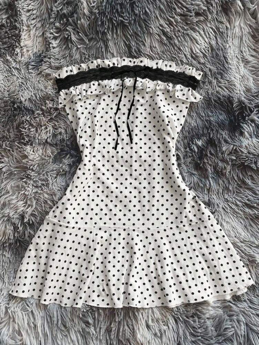 Women's Strapless Polka Dot Mini Dress With Ruffle Trim And Lace Contrast Elegant Sexy Summer Outfit For Party Date Night Holiday
