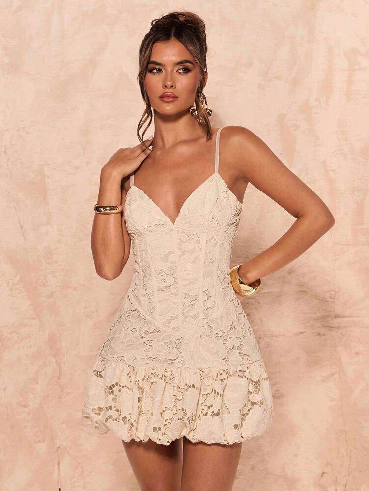 Women's Apricot Lace Suspender Mini Dress With Split Bubble Skirt Elegant Summer Outfit Vacation Party Wedding Guest Graduation Style