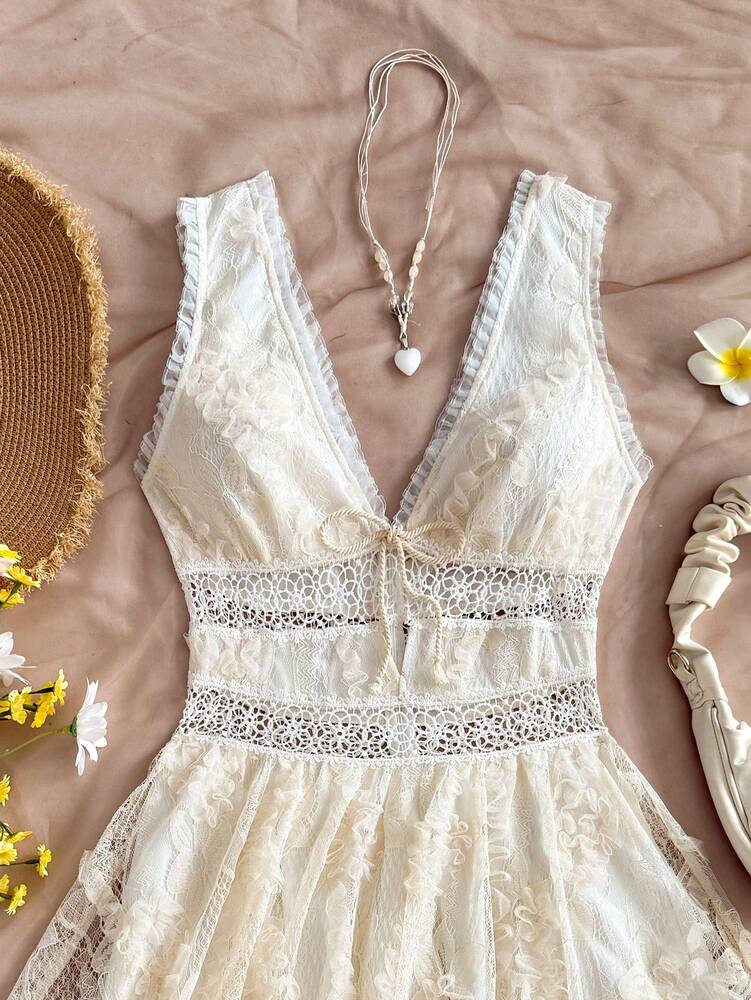 Women's Romantic Floral Lace Patchwork Mini Dress V Neck Bowknot Front Ruffle Hem Elegant Summer Outfit For Party Vacation Graduation