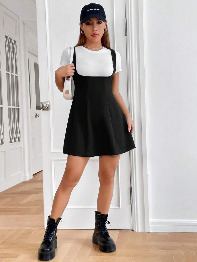 Women's Solid Color Pinafore Dress Sleeveless Casual A Line Style Simple Elegant Outfit For Summer Vacation School Or Daily Wear